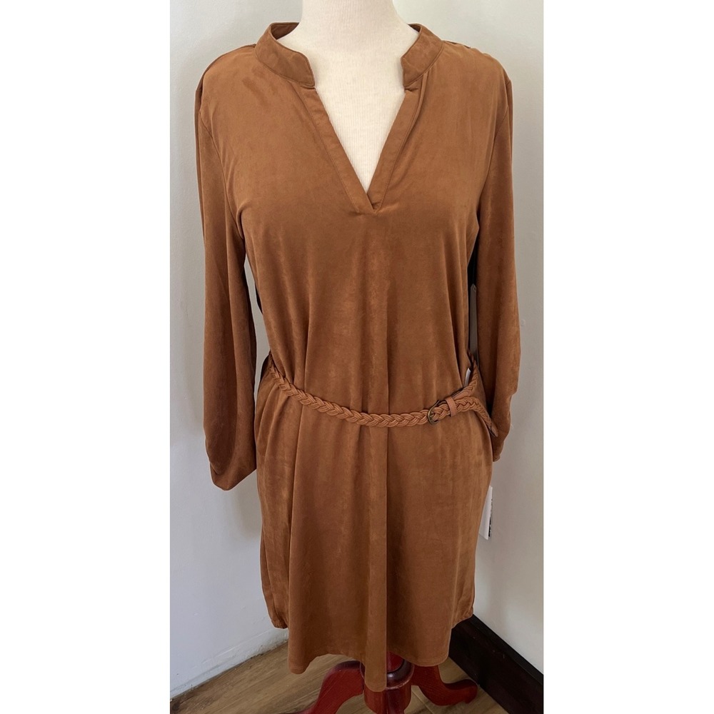 Almost Famous Womens Cognac Faux Suede Belted Shift Dress XL‎ DS9130-7121 NWT